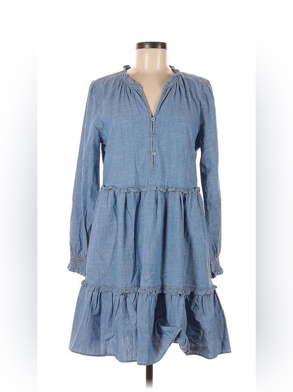 J. Crew Chambray Long Sleeve Tiered Dress in Light Blue